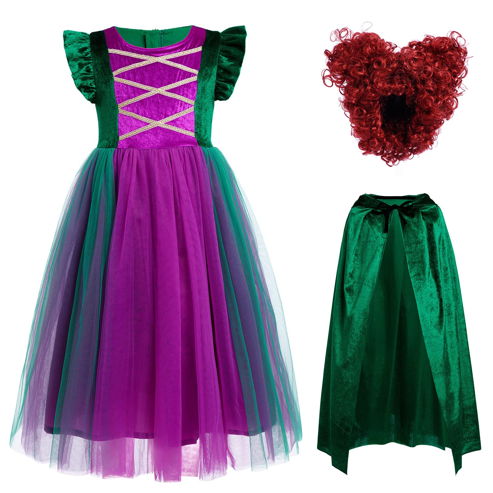 Odizli Sanderson Sisters Kids Girls Children Witch Winnifred Sarah Mary Velvet Tulle Dresses Cloak Cape Wig World Book Day Green + Wig 7-8 Years