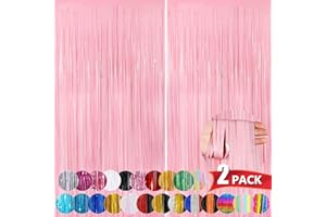 NUWDHP Pastel Pink Metallic Tinsel Foil Fringe Curtains, 2 Pack 3.3x8.3 Feet Streamer Backdrop Curtains for Birthday Party Decorations, Halloween Decor, Foil Curtain Backdrop for Bachelorette Party