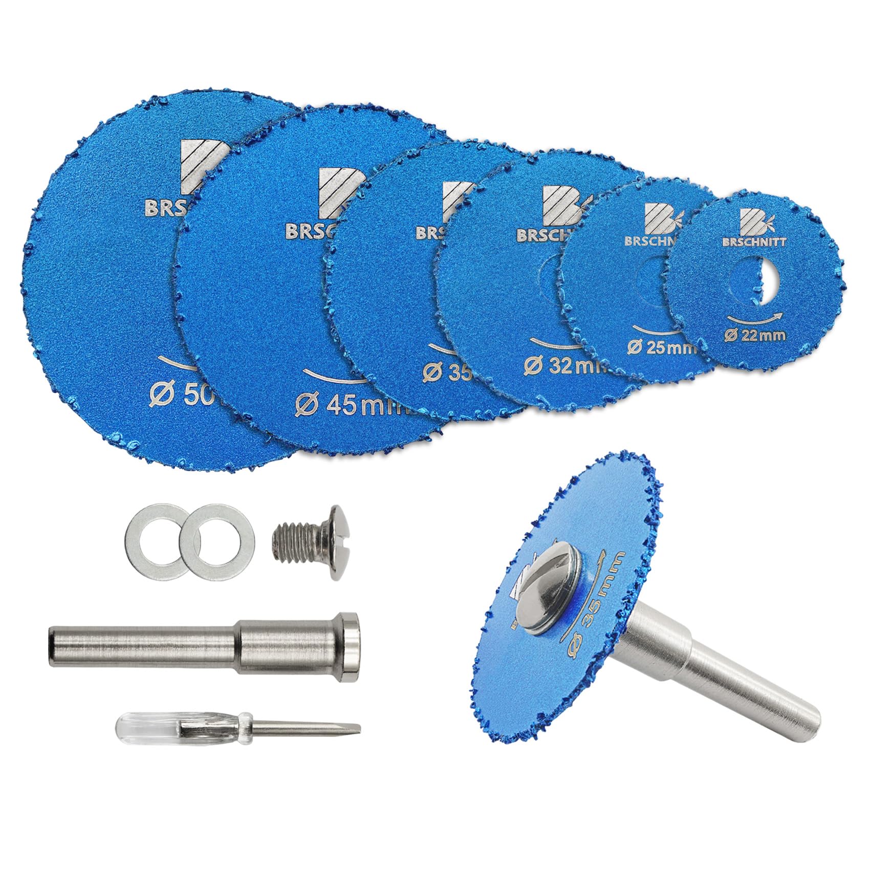 BRSCHNITT Carbide Tipped Wood Cutting/Carving Disc Set 22/25/32/35/45/50MM for Cutting Wood (with Nails), Plasterboard, Fibreglass Board, Rubber Tubing, Plastic, Cement Residue