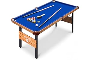 SereneLife 4.5ft Folding Pool Table, 55in Portable Foldable Billiards Game Table for Kids and Adults with Accessories, Indoor and Outdoor Games with Sticks, Cue, Balls and Triangle, Blue