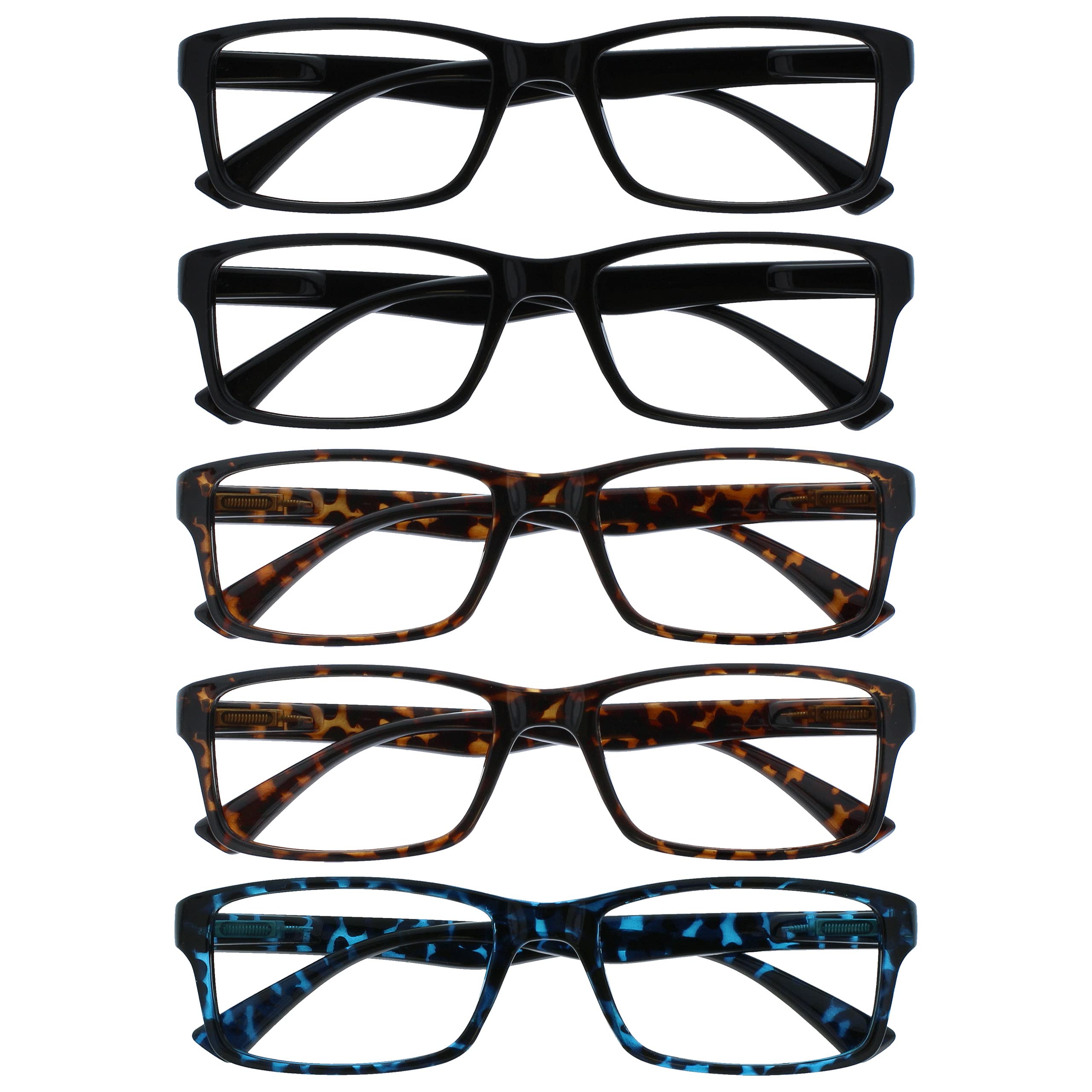 OPULIZE PEP Reading Glasses for Women Men, Large Rectangular Designer Frame with Spring Hinges, Scratch Resistant, Black, Brown, Blue +1 (Pack of 5) — image 1