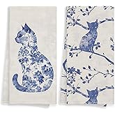 WAITPI Chinoiserie Cat Kitchen Towels Set of 2, Cat Mom Lovers Lady Gifts for Women Hand Towels for Bathroom, Vintage Blue and White Floral Decorative Hand Tea Dish Towels for Kitchen Decor 16x24in