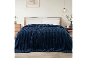 Exclusivo Mezcla Queen Size Flannel Fleece Blanket, Super Soft Striped Jacquard Bed Blanket, Lightweight Fuzzy Cozy for All Seasons, 90x90 Inches, Navy Blue