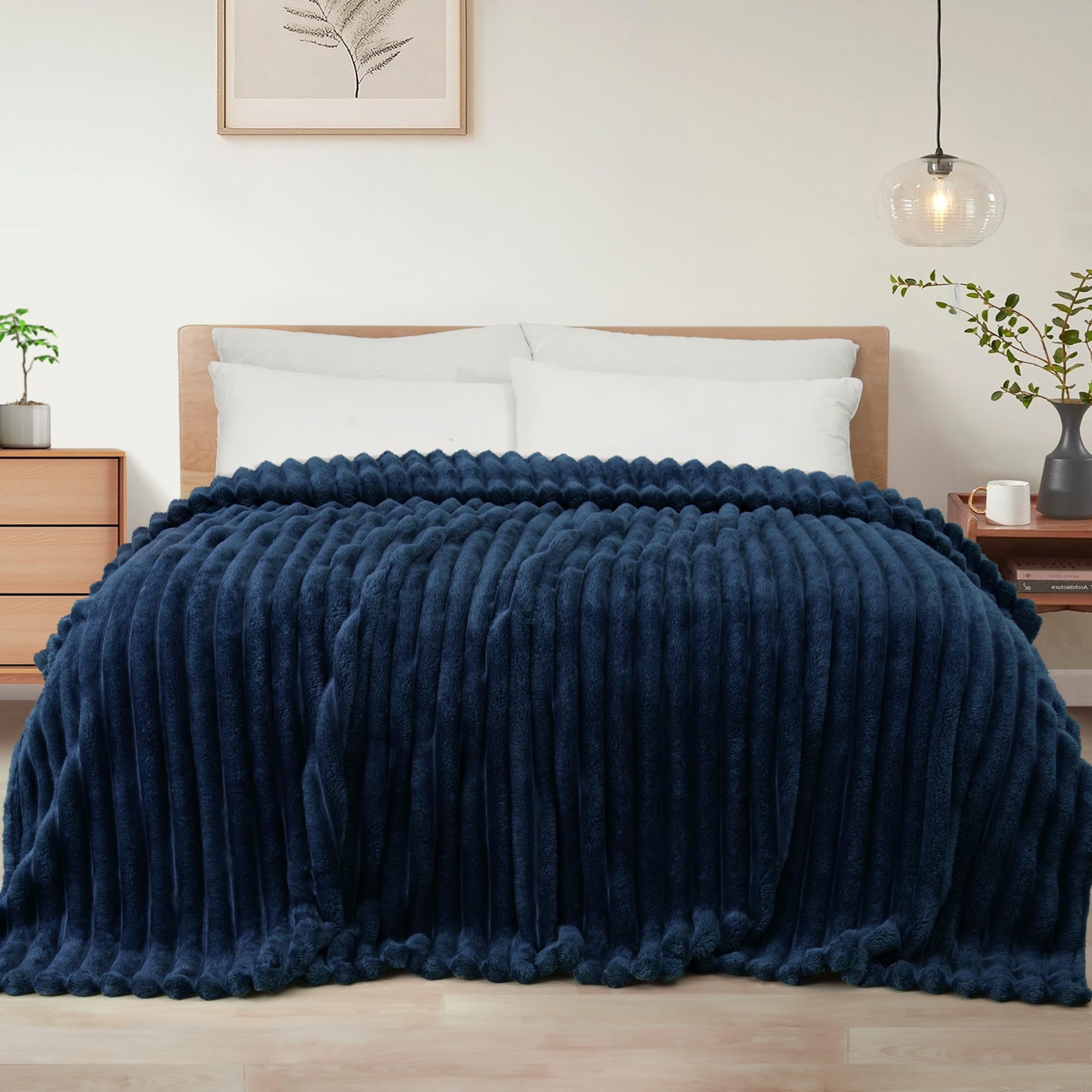Photo 1 of Exclusivo Mezcla Queen Size Flannel Fleece Blanket, Super Soft Striped Jacquard Bed Blanket, Lightweight Fuzzy Cozy for All Seasons, 90x90 Inches, Navy Blue