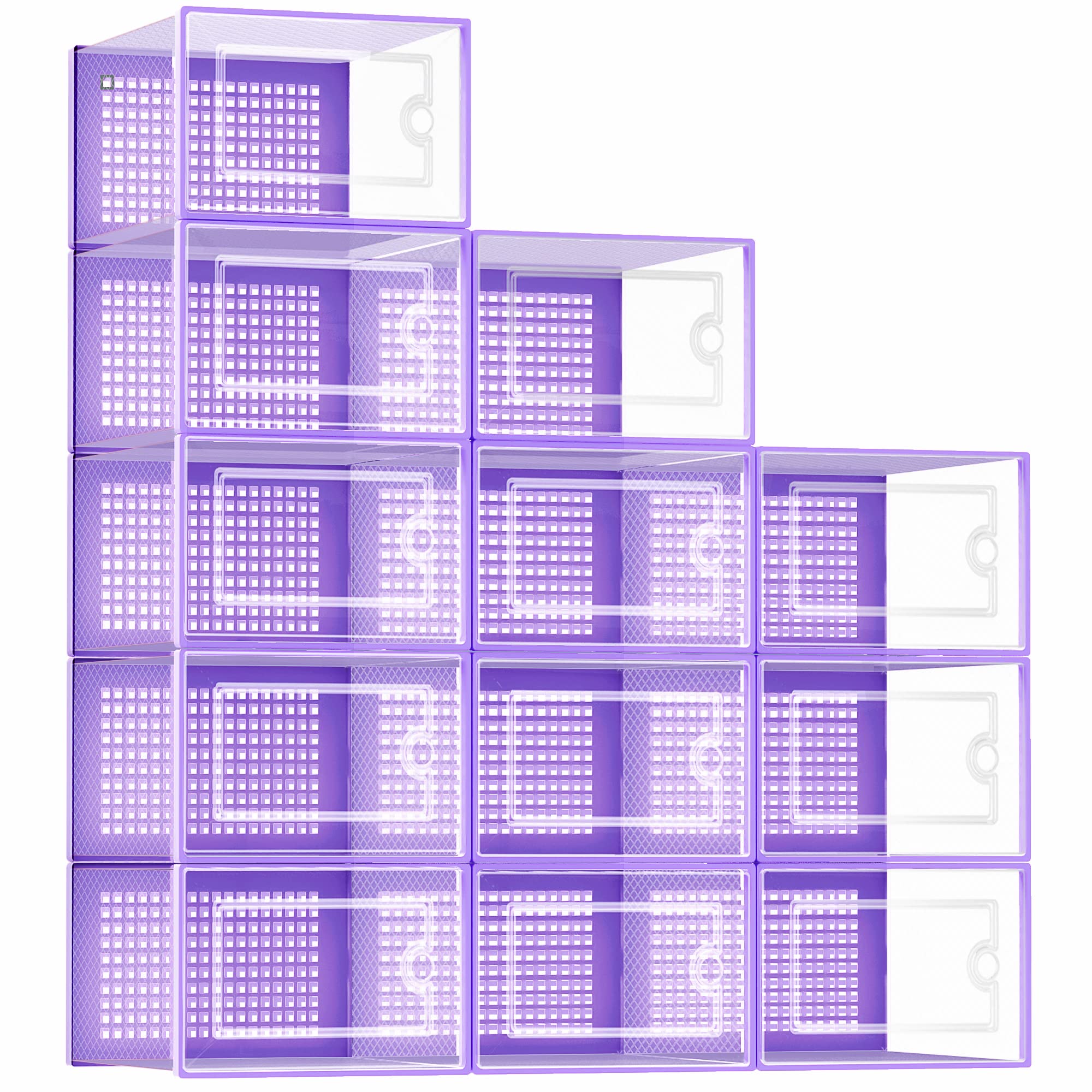 Kuject Shoe Organizers Storage Boxes for Closet, 12 Pack Clear Plastic Stackable Storage Bins with Lids, Under Bed Shoe Containers for Entryway, Drop Front, Fit up to Women's Size 10,Purple