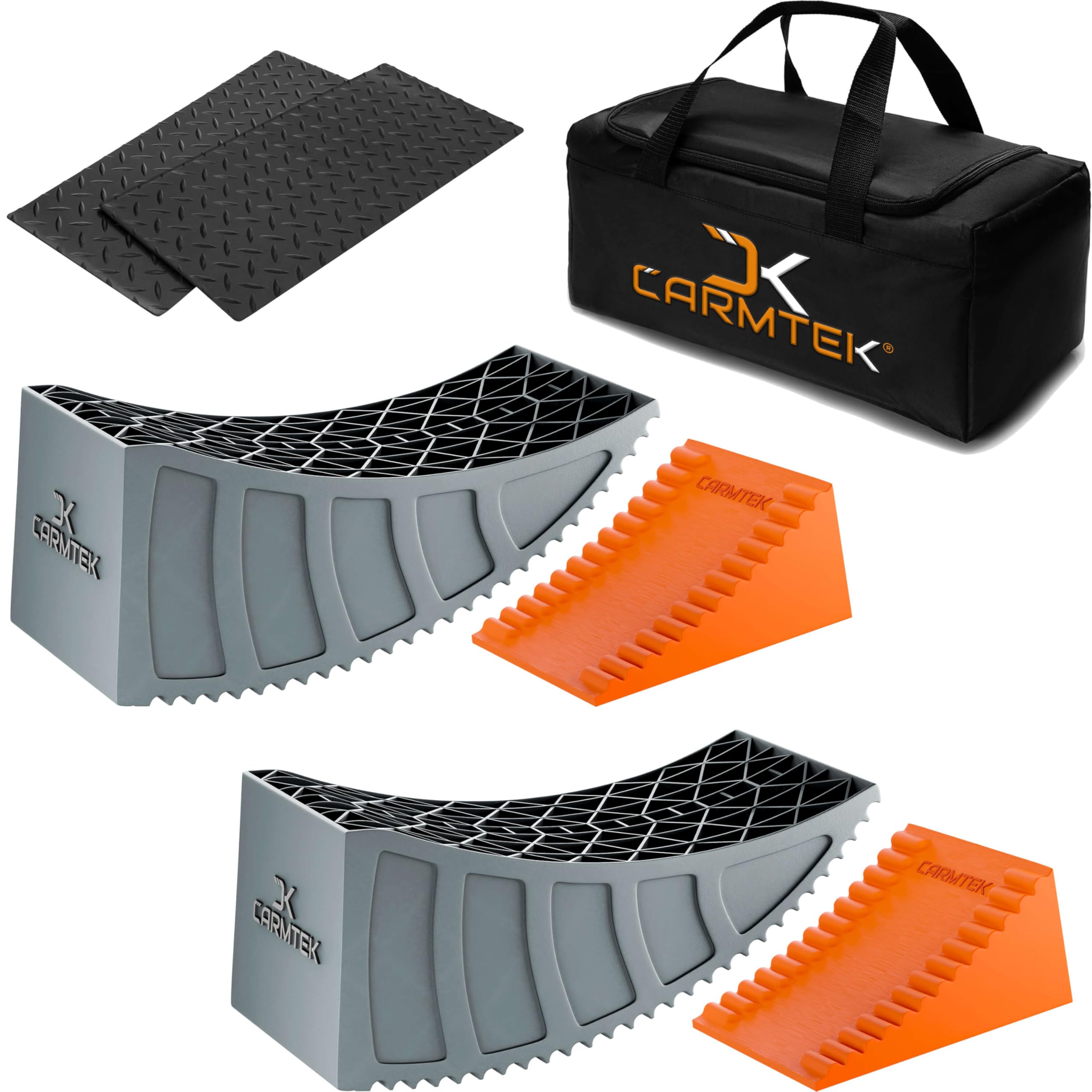 Photo 1 of CARMTEK Camper Leveler Premium Kit | 6 Inch RV Levelers with Wheel Chocks, Rubber Mats & Carry Bag for Travel Trailers | Faster RV Leveling System Than RV Leveling Blocks | RV Accessories