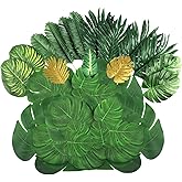 81 Pieces 10Kinds Artificial Tropical Leaf Jungle Leaves Plant Safari Leaves Decorations Fake Palm Golden Leaf with Stems for Hawaiian Luau Party Table Beach Birthday Wedding Theme Party Decorations