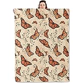 qxfqxf Butterfly Blanket Lightweight Blankets Gifts for Women Flannel Throw with Vintage Monarch Butterflies and Botanical Printed for Sofa, Bed, Picnic, Office, Retro Decor Throws 60x50 Inch
