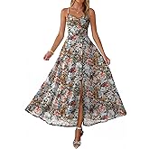 Caracilia Women's Summer Maxi Dresses Floral Mesh Spaghetti Strap Split Formal Wedding Guest Cocktail Party Beach Long Dress