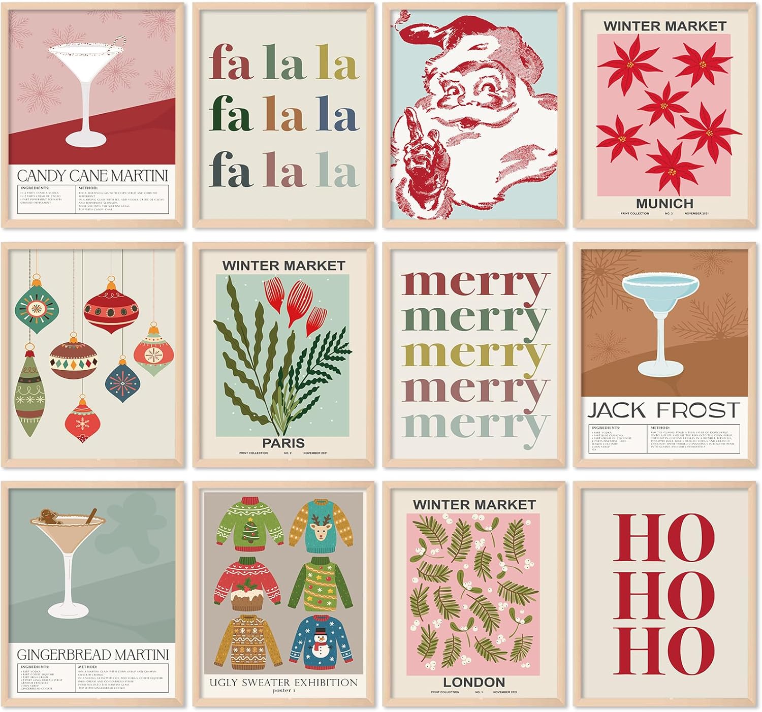 Wall Décor - Whaline 12Pcs Christmas Wall Art Prints Santa Cocktail Paper Art Posters Vintage Decorative Aesthetic Wall Decor for Xmas Home Gallery Decor, 8 x 10 Inch (Unframed)