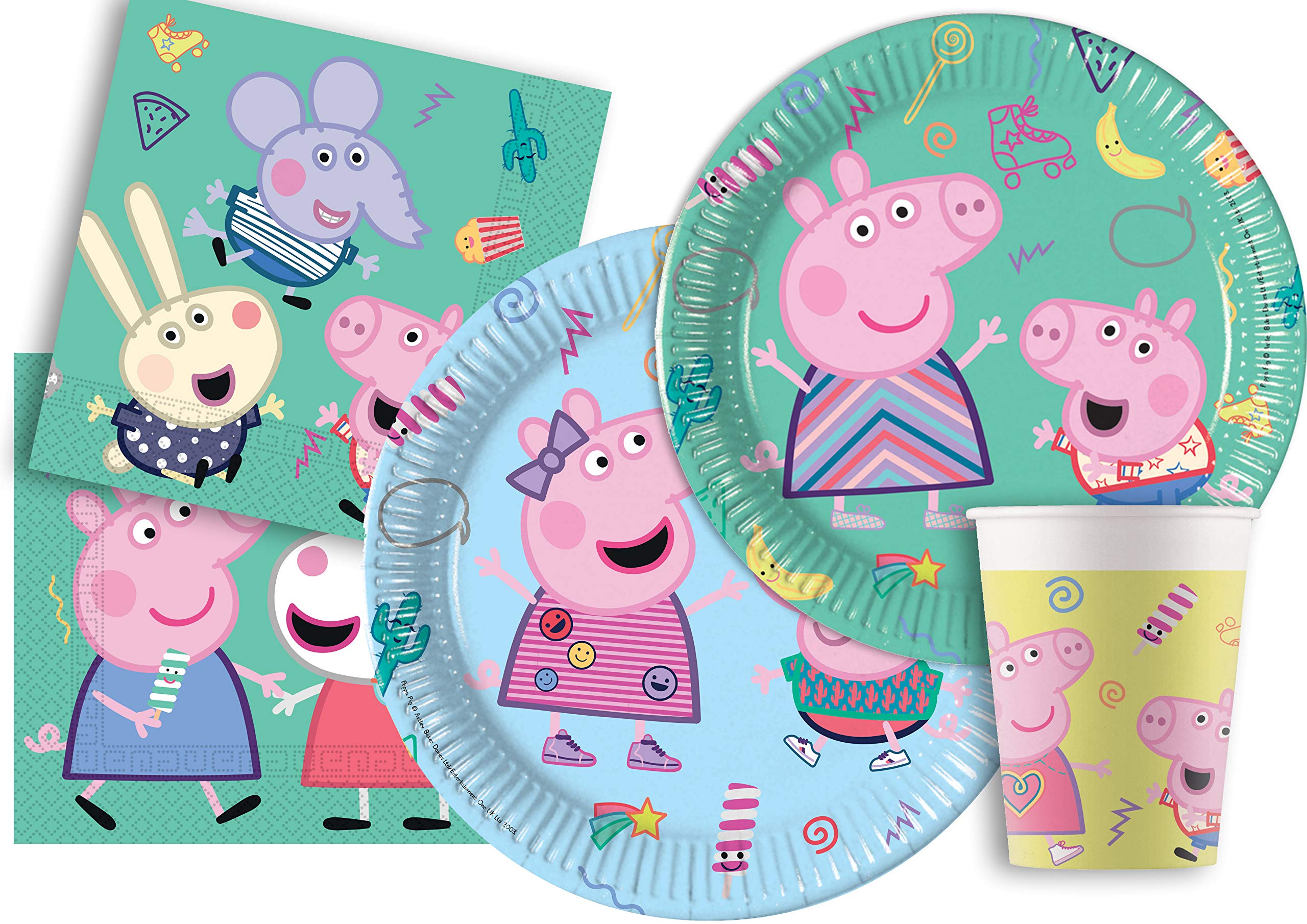 Party Tableware Set Peppa Pig Messy Play for 24 people (112 pcs: 24 paper plates Ø23cm, 24 paper plates Ø20cm, 24 paper cups 200ml, 40 paper napkins 33x33cm)
