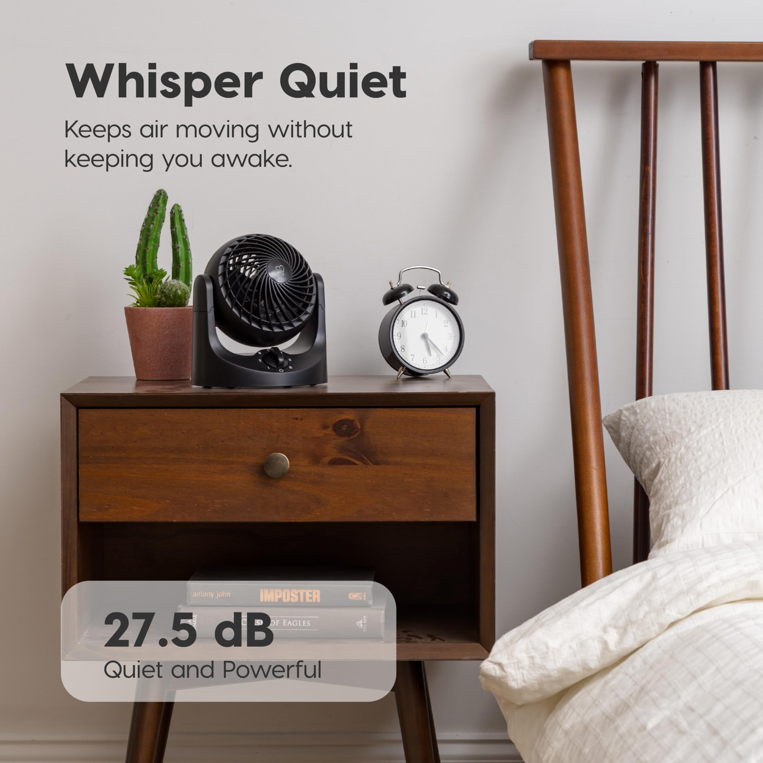 IRIS USA WOOZOO Desk Fan, Air Circulator, 3 Speeds, 32ft Max Air Distance, 112° Adjustable Tilt, 27.5db Quiet Motor, Small Fan for Bedroom, Office, Dorm, Black