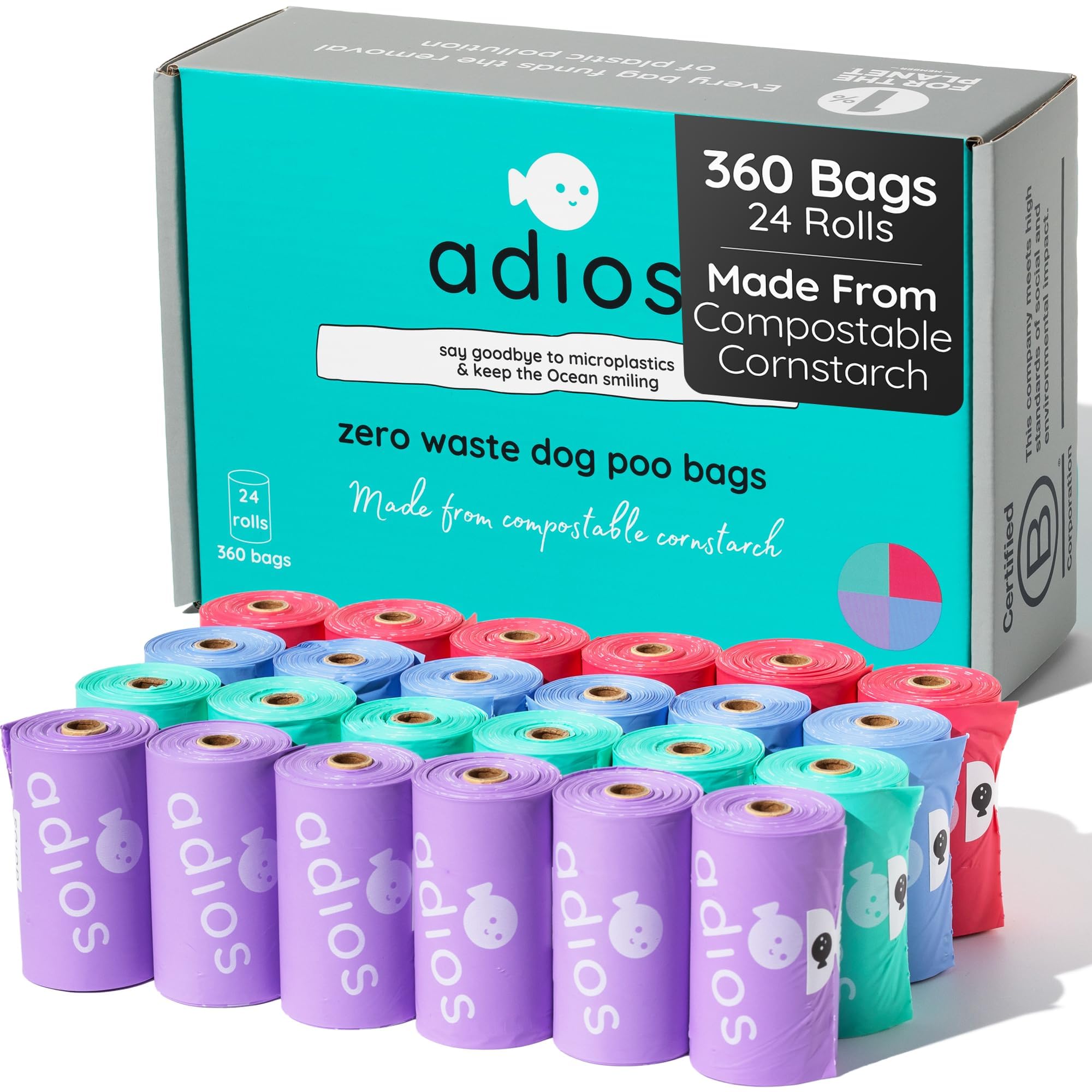 Adios - Compostable Dog Poop Bags, 360 Count (24 Rolls) - Rainbow Colours - Extra Thick, Leakproof, Odour Proof Dog Waste Bags - Made from Compostable Cornstarch - Easy Tear Rolls, Packaging May Vary