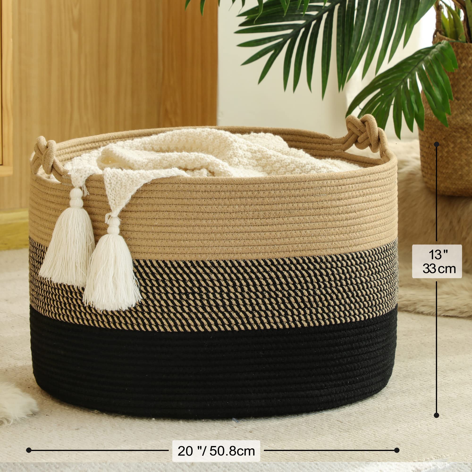 KAKAMAY Large Blanket Basket (20"x13"),Woven Rope Baskets for storage Baby Laundry Hamper, Cotton Rope Blanket Basket for Living Room, Laundry, Nursery, Pillows,Baby Toy chest (Jute/Black)