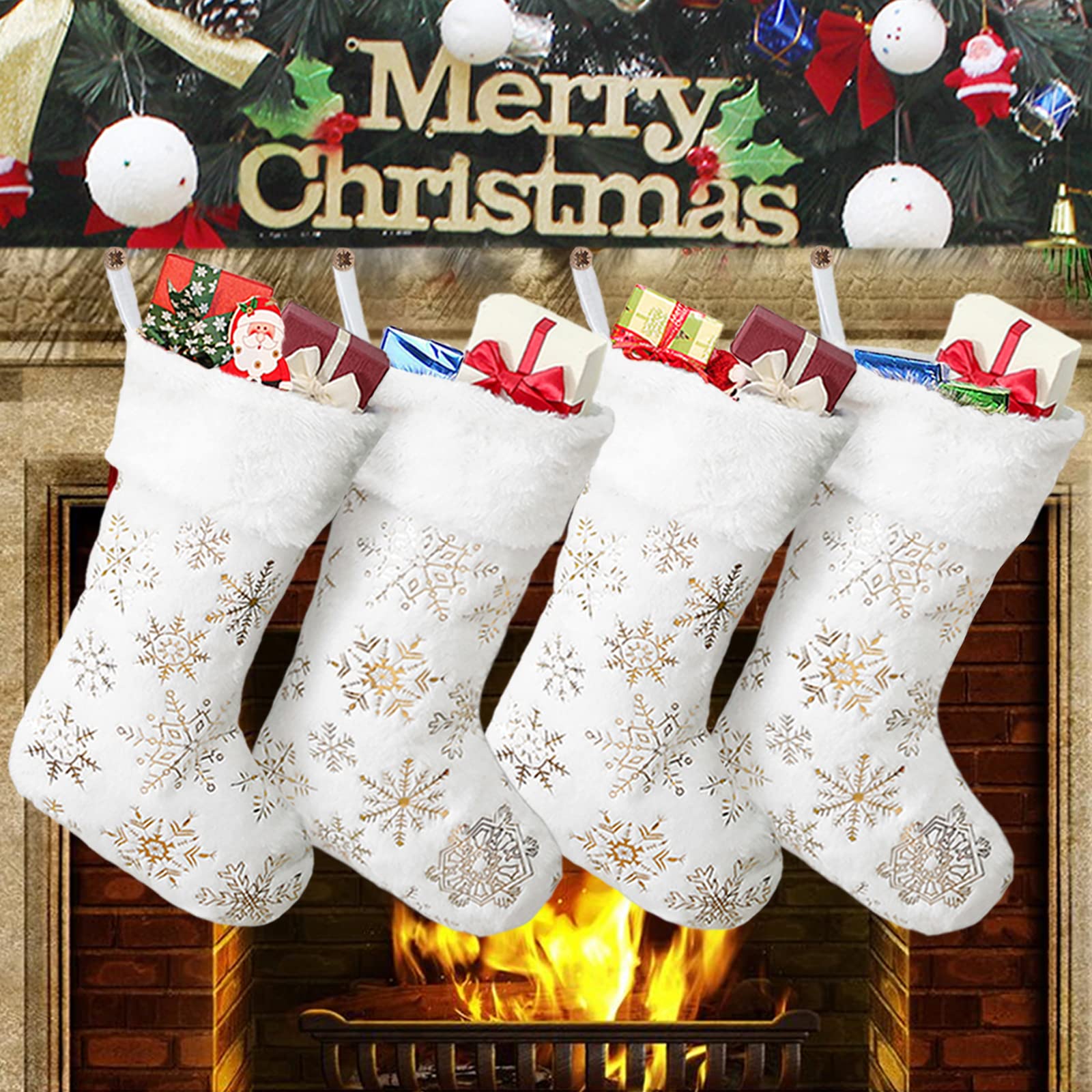 GugnRyAc Christmas Stockings Large 18 inches 4 Pcs - Plush Faux Fur Xmas Stocking with Golden Snowflake, for Family Holiday Xmas Personalized Party Decorations