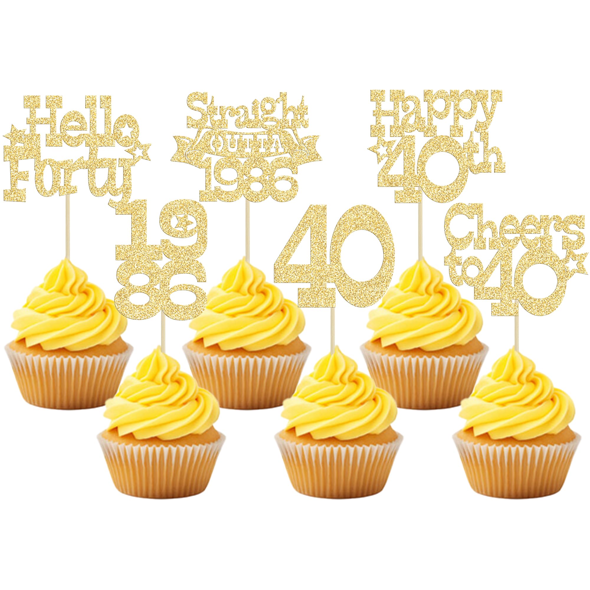 Ephlyn 30Pcs Happy 40th Birthday Cupcake Toppers Glitter Forty Straight Outta 1986 Cupcake Picks Cheers to 40 Years Cake Decorations for Happy 40th Birthday Anniversary Party Supplies Gold