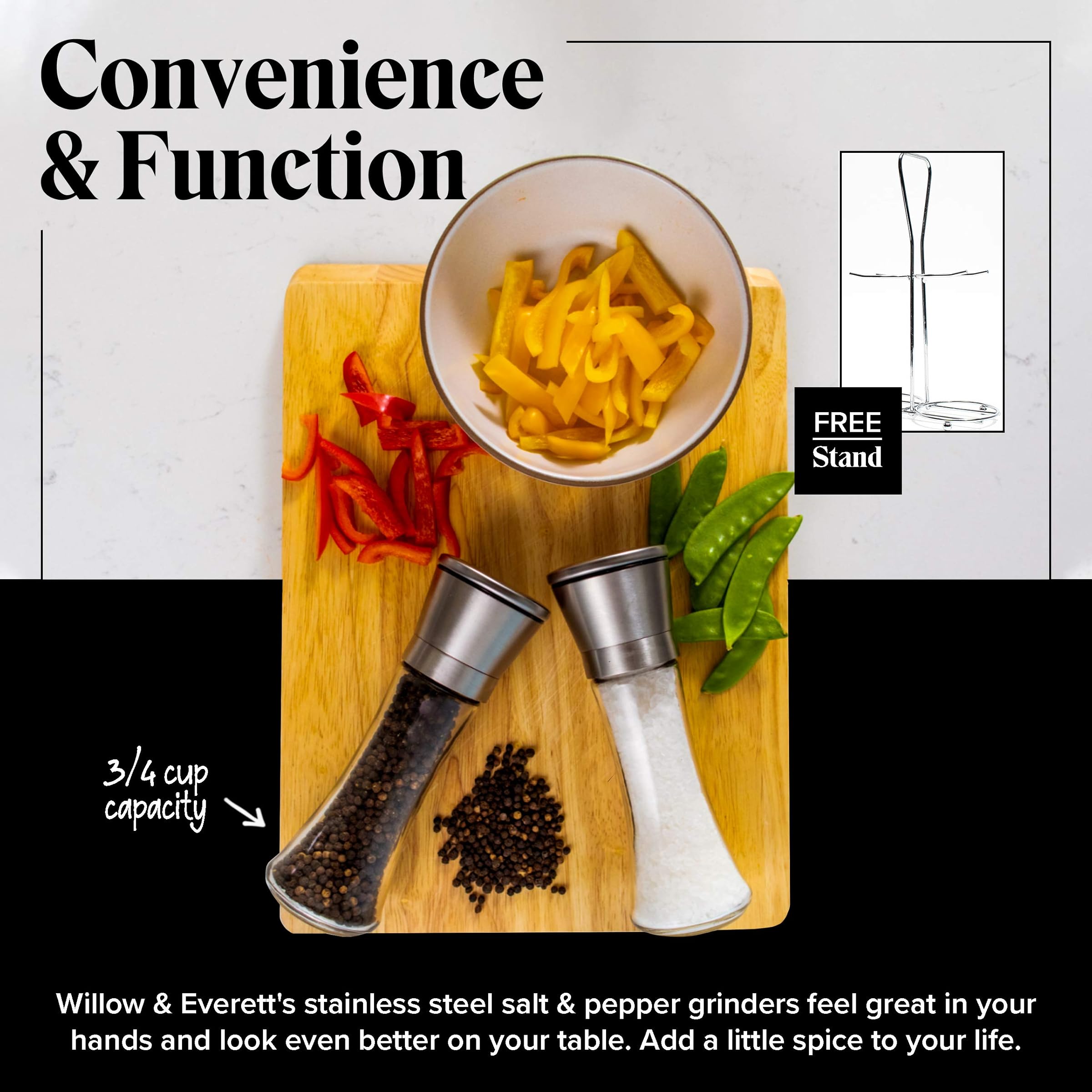 Salt and Pepper Grinder Set with Matching Stand, Stainless Steel Salt and Pepper Shakers, Glass Body and Adjustable Ceramic Mill Set of 2