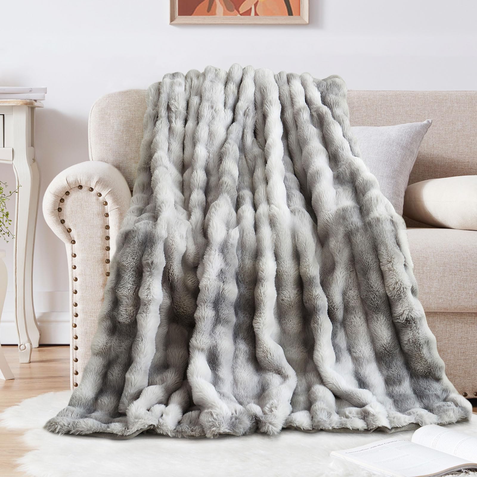 SHANNA Soft Warm Rabbit Plush Fleece Blankets Thick 1000 GSM Throws for Sofa Large Fluffy Versatile Blanket Bed Throw for Bedroom, Couch, Travel, Kids, Camping (Tie Dye Grey, 100 * 160cm)