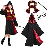 Wizland Black Cloak Robe Costume With Accessories Cosplay Outfit For Kids,Wizard Halloween Long Hooded Cape For Boys Girls