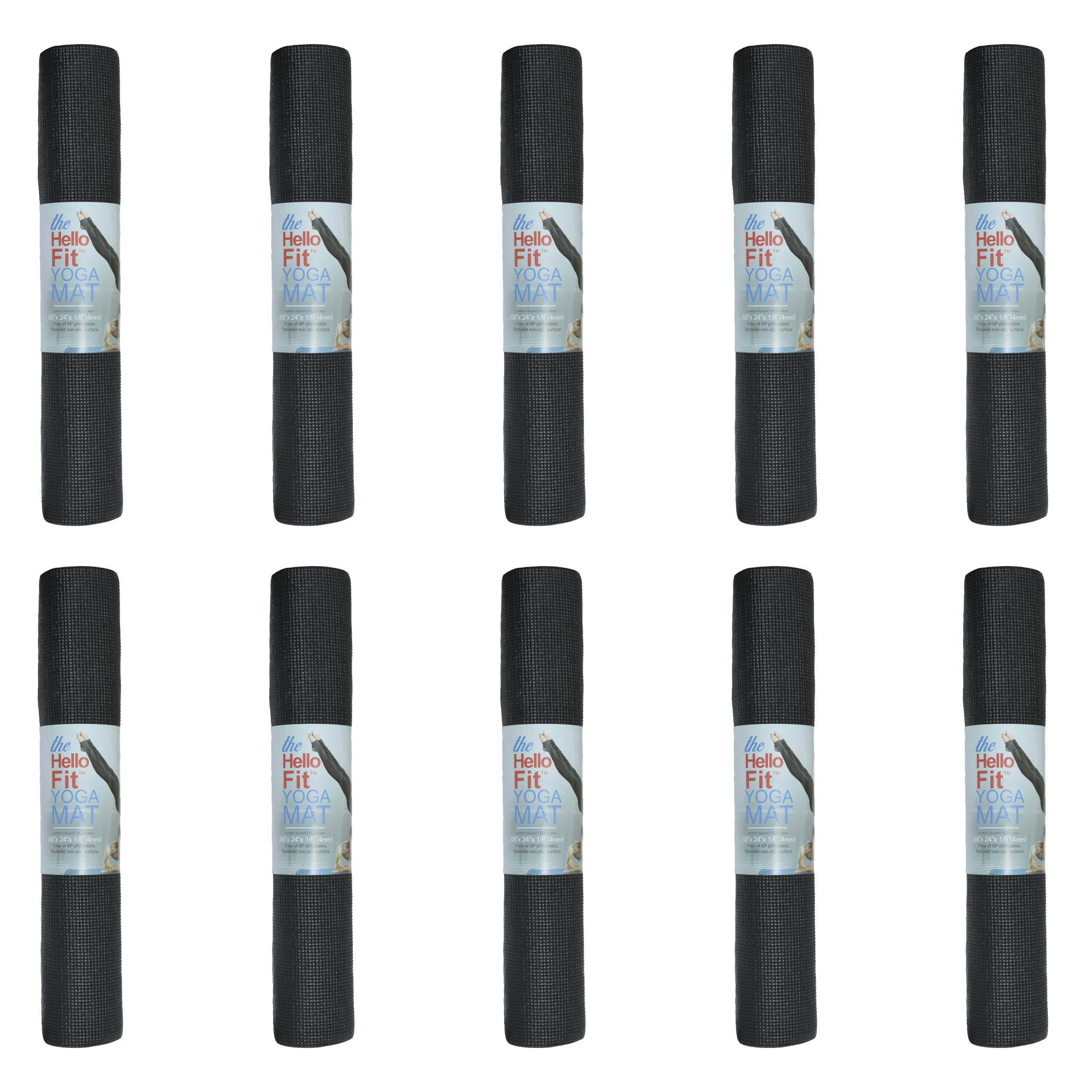 Hello Fit 10-Pack Yoga Mat, 68" x 24" Non Slip Exercise Mat, 4mm Thick Gym Mat for Fitness and Stretching, Bulk Non Toxic Yoga Mats for Schools and Studios, Black