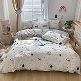LAYENJOY Space Duvet Cover Set Twin 100% Cotton Bedding Cartoon Astronaut Rocket Universe Planet Print 1 Black and White Comforter Cover with Zipper Ties 2 Pillowcases for Kids Teens Boys Girls