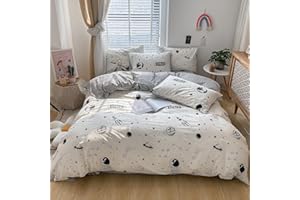 LAYENJOY Space Duvet Cover Set Twin 100% Cotton Bedding Cartoon Astronaut Rocket Universe Planet Print 1 Black and White Comforter with Zipper Ties 2 Pillowcases forTeens Boys Girls, (68 in x 86 in)