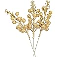 Artiflr 14 Pack Christmas Glitter Berries Stems, 7.8Inch Artificial Christmas Picks for Christmas Tree Ornaments, DIY Xmas Wreath, Crafts, Holiday and Home Decor, Gold