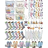 Berlune 60 Pcs Bookish Book Club Gifts Sets for Women Include Novelty Crew Socks Makeup Bags Acrylic Flower Bookmarks Pens Keychain Reading Accessories for Book Lover Librarian Teacher Reader