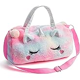 Kids Unicorn Duffel Bag - Rainbow Tie Dye Plush Overnight Weekender Bag for Girls, Cute Furry Travel Tote with Shoulder Strap Birthday Gift