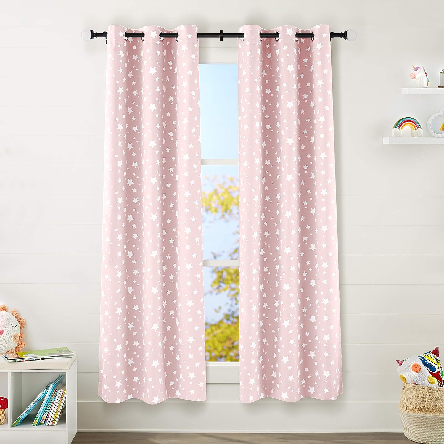 AmazonBasics Kids Room Darkening Blackout Window Curtain Set with Grommets - 42" x 84", Blush Pink Stars