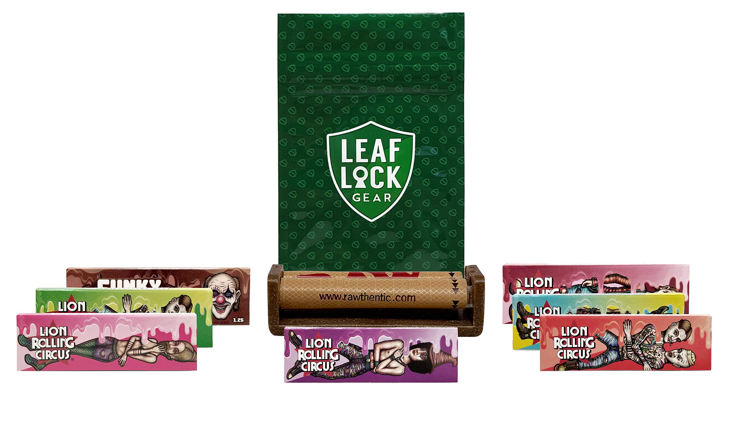 Lion Rolling Circus 1 1/4 Flavored Rolling Papers (1 Pack Each of 7 Flavors), RAW 79mm Cigarette Roller, with Leaf Lock Gear Spill Proof Pouch - 9 Item Bundle