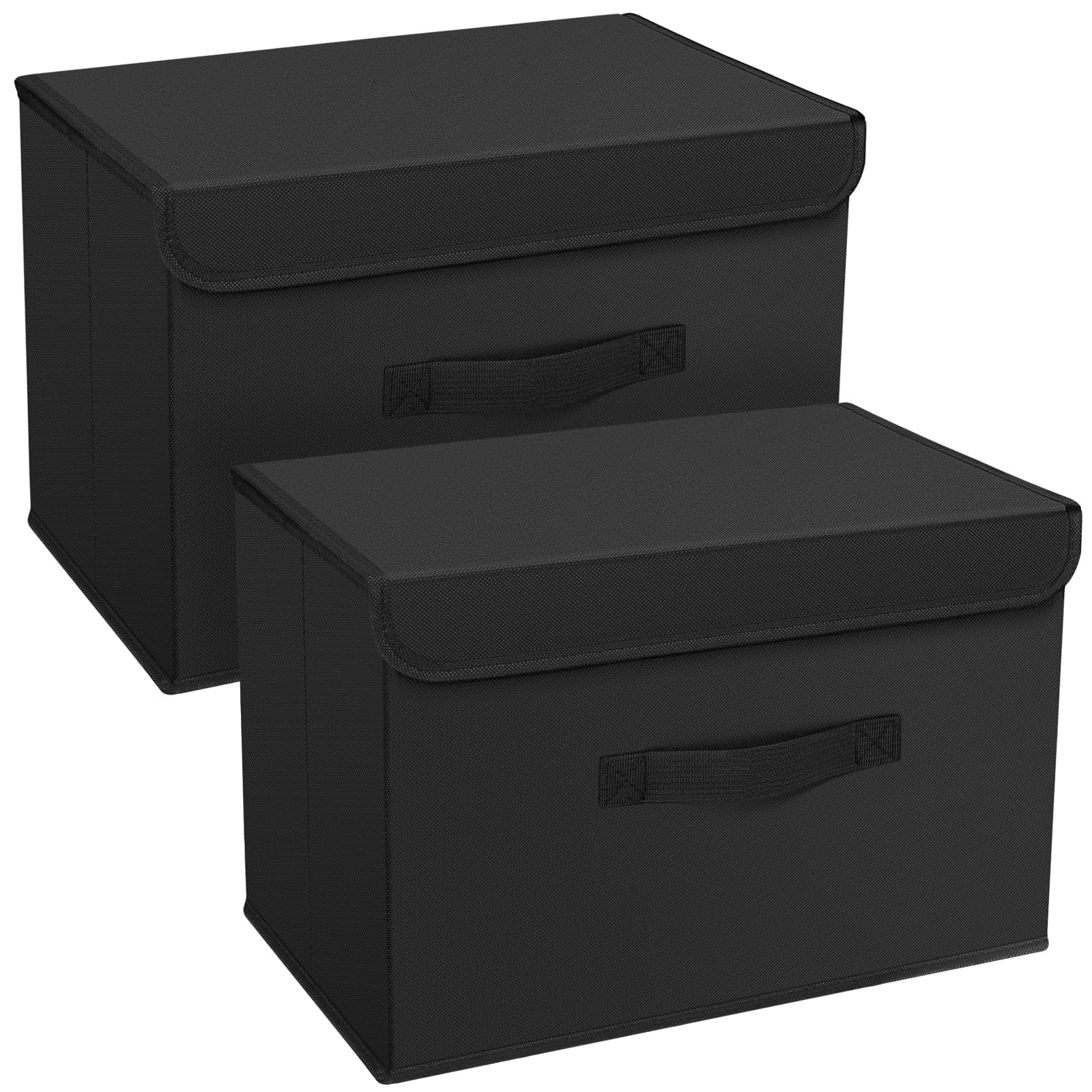 DIMJ 2 Pack Foldable Storage Boxes with Lids Collapsible Storage Bin with Handle Fabric Storage Basket Wardrobe Storage Organiser Box for Clothes, Toys, Books, Closet, Bedroom, Home (Black)