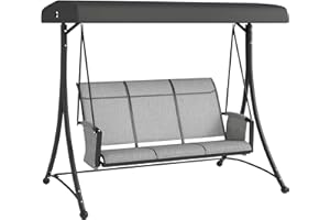 Outsunny 3 Person Porch Swing Outdoor Swing Chair with High Back Design, Side Pouches and Adjustable Canopy, Mixed Grey