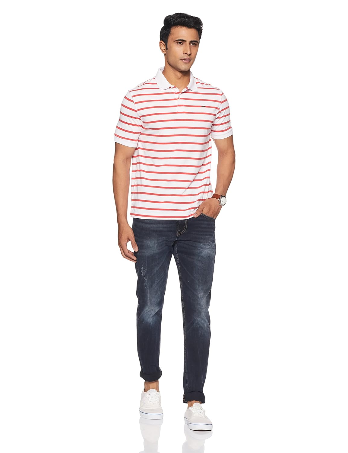 peter england men's striped regular fit synthetic polo