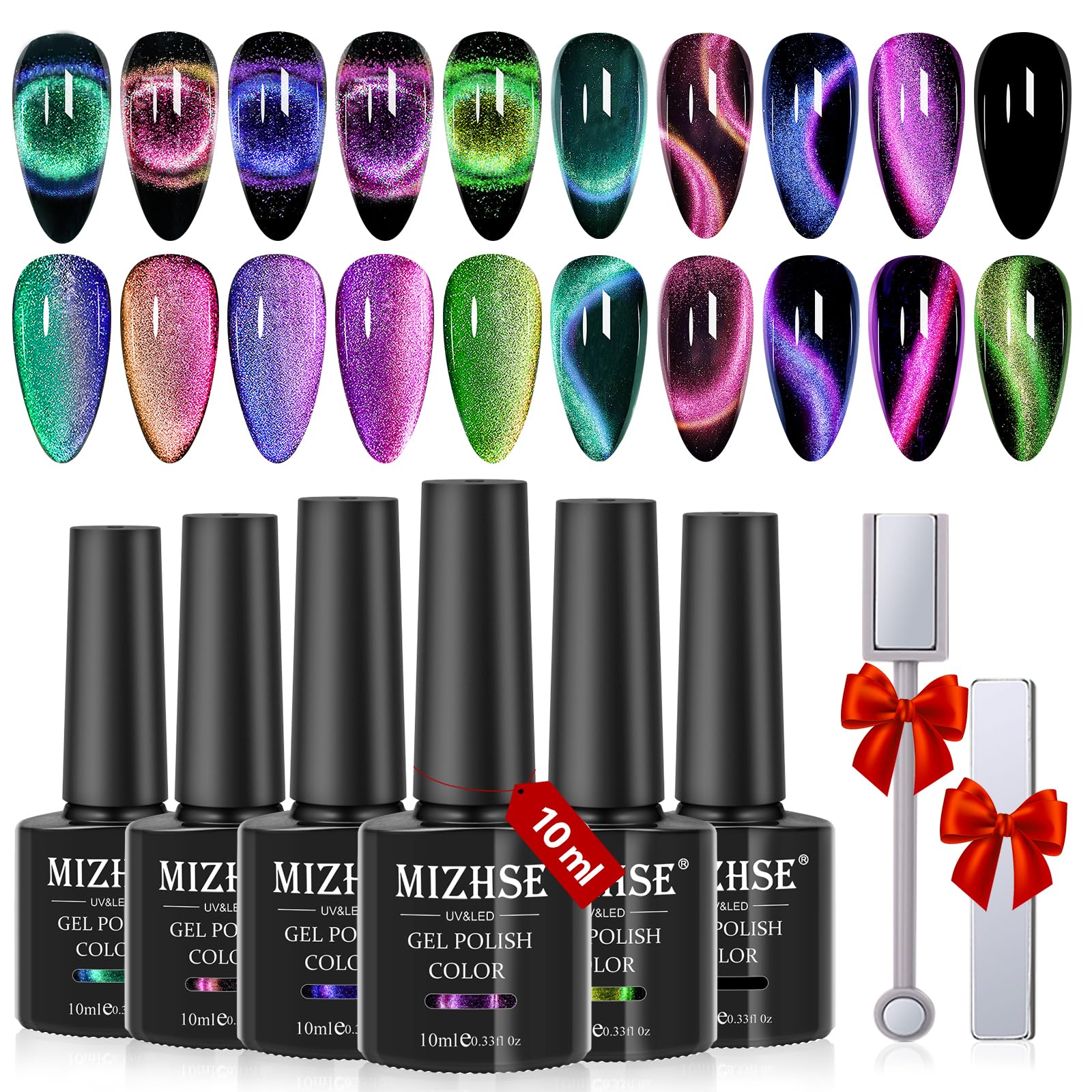 MIZHSE Cat Eye Gel Nail Polish - Magnetic Cats Eye Set, 6 Colours, 9D Cateye Gel Nail Polish with Magnet, 10ml x 6