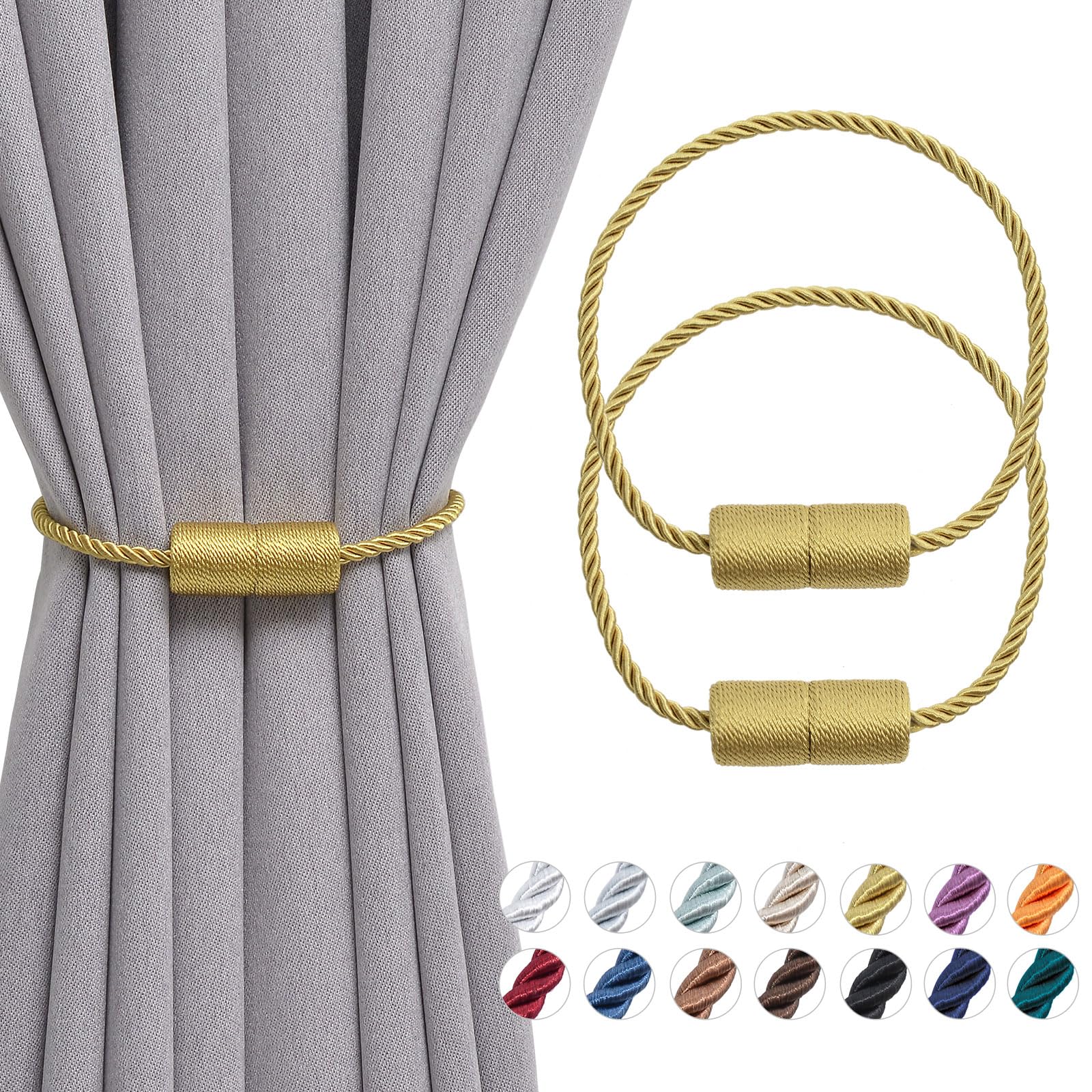 Pretty Jolly 2 Pack Magnetic Curtain Tiebacks 16 Inch Handmade Weave Side Rope Curtain Holdbacks Convenient Decorative Cylinder Curtain Drape Tie Backs for Home & Office Window Drapery (Gold)