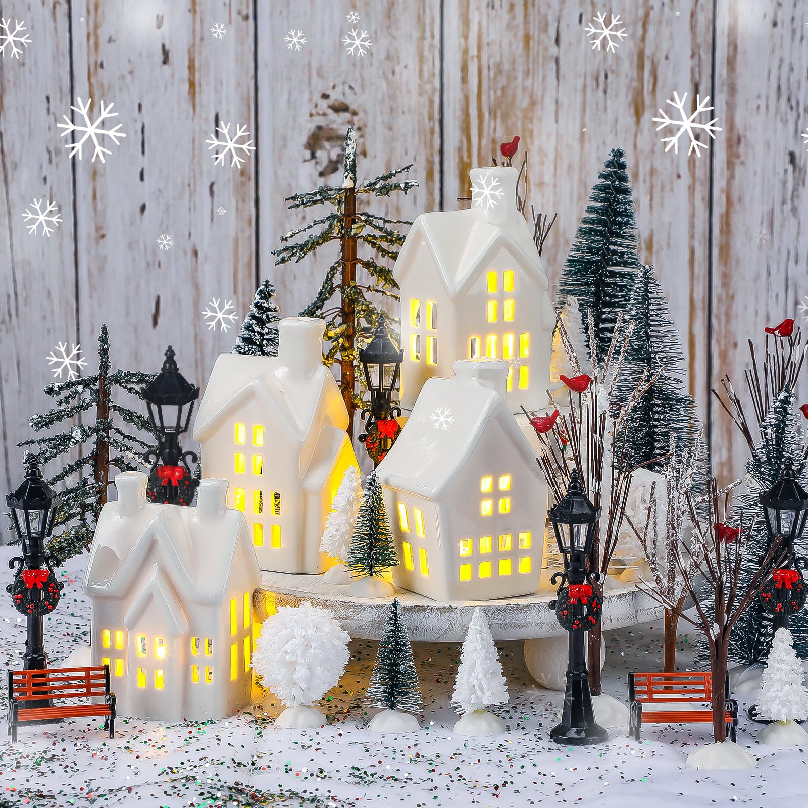 Photo 1 of 33 Pcs Ceramic Christmas Village Sets with LED Light Decor White Winter Miniature Village Resin Figurines Christmas Town Snow Scene Tabletop Porcelain Indoor Decor with Lamp Artificial Xmas Tree Set