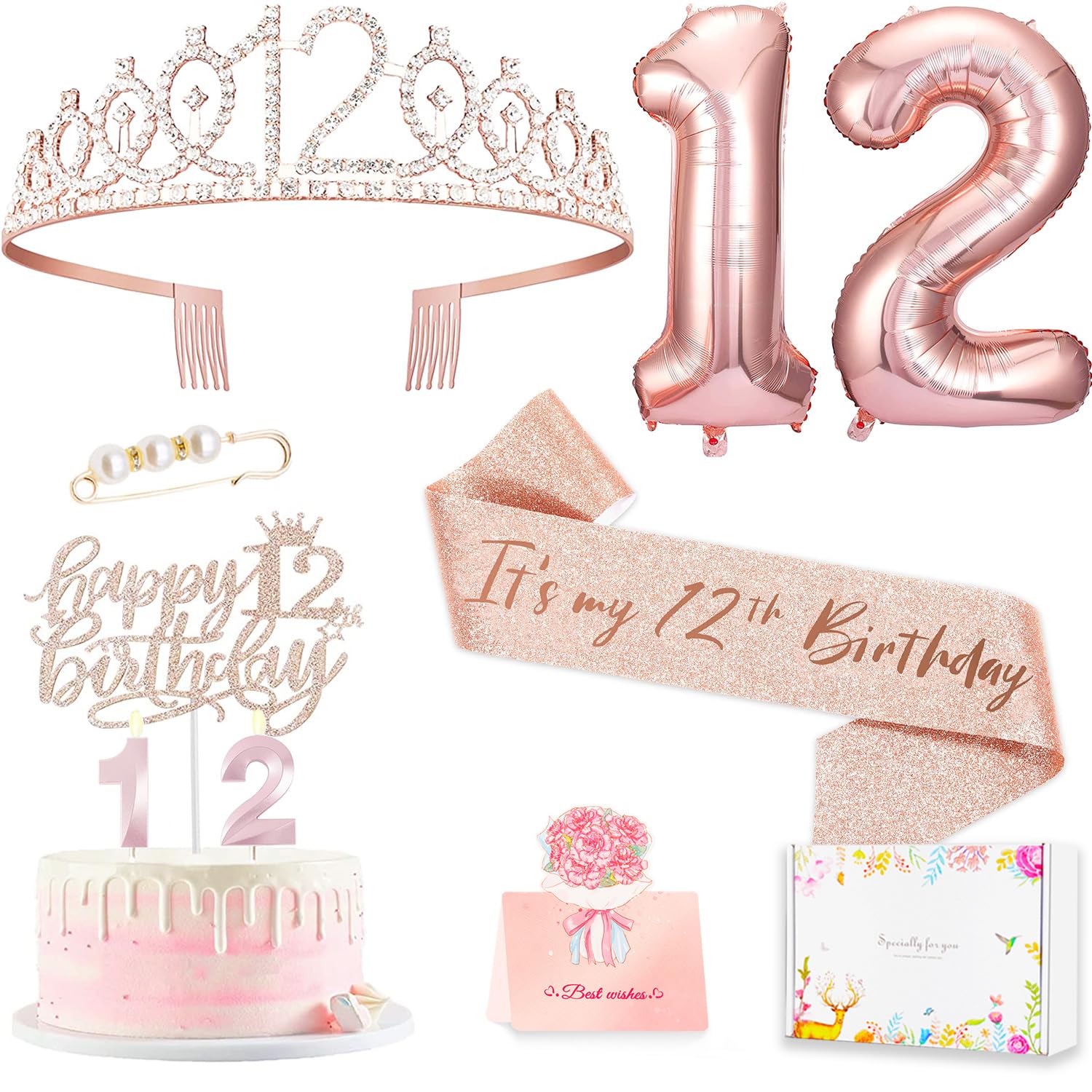 Photo 1 of ***FACTORY SEALED***12th Birthday Decorations for Girls, Including 12 year old Cake Topper, Birthday Queen Sash with Pearl Pin, Sweet Rhinestone Tiara Crown, Number Candles and Balloons Set, Rose Gold