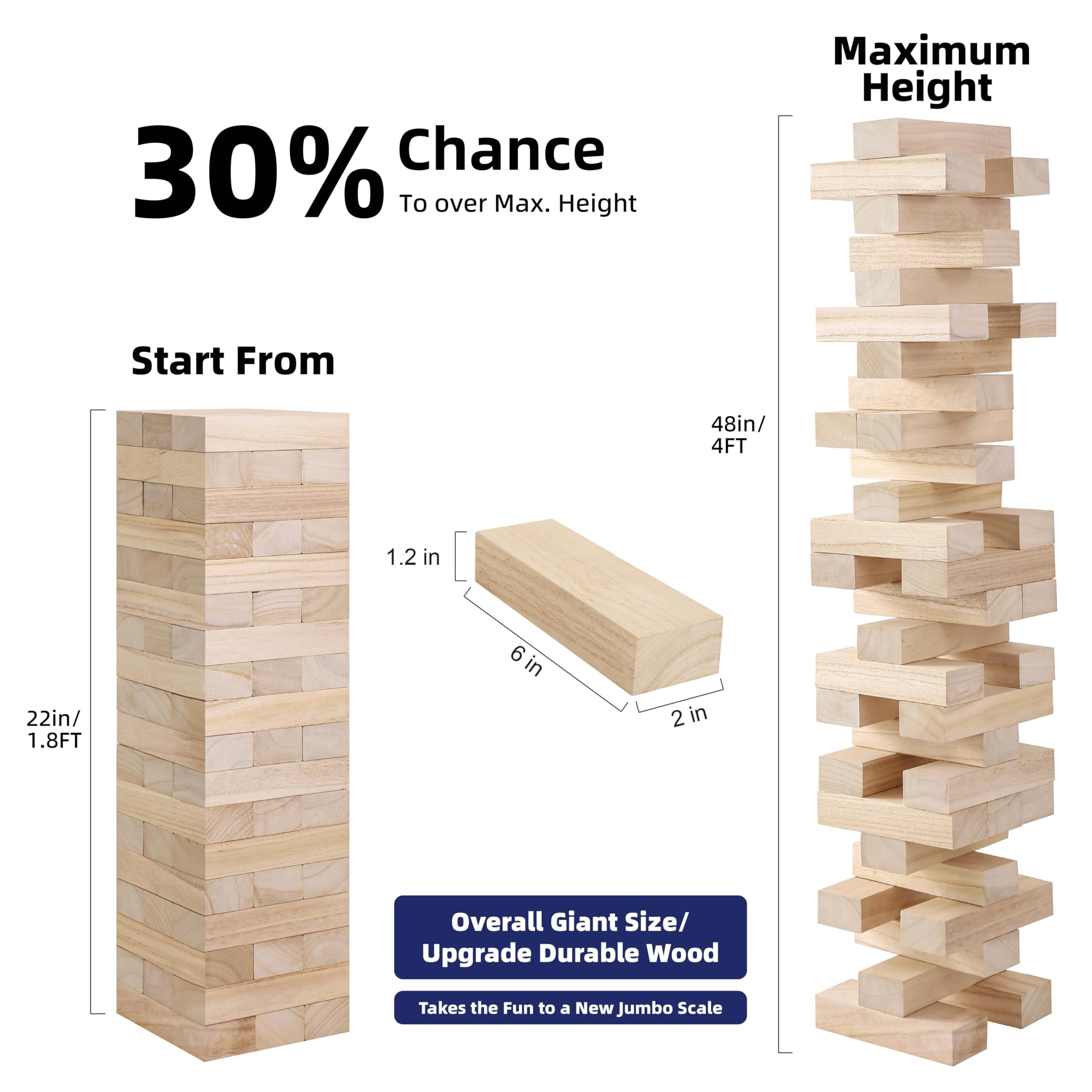 GOTHINK Giant Tumble Tower Game, Large Tumbling Tower Stacking to Over 4 FT 54pcs Wooden Jumbo Blocks for Outside Yard Games with Carry Case Timber Stacking Game Night Toy Gift for Kids Adults Family