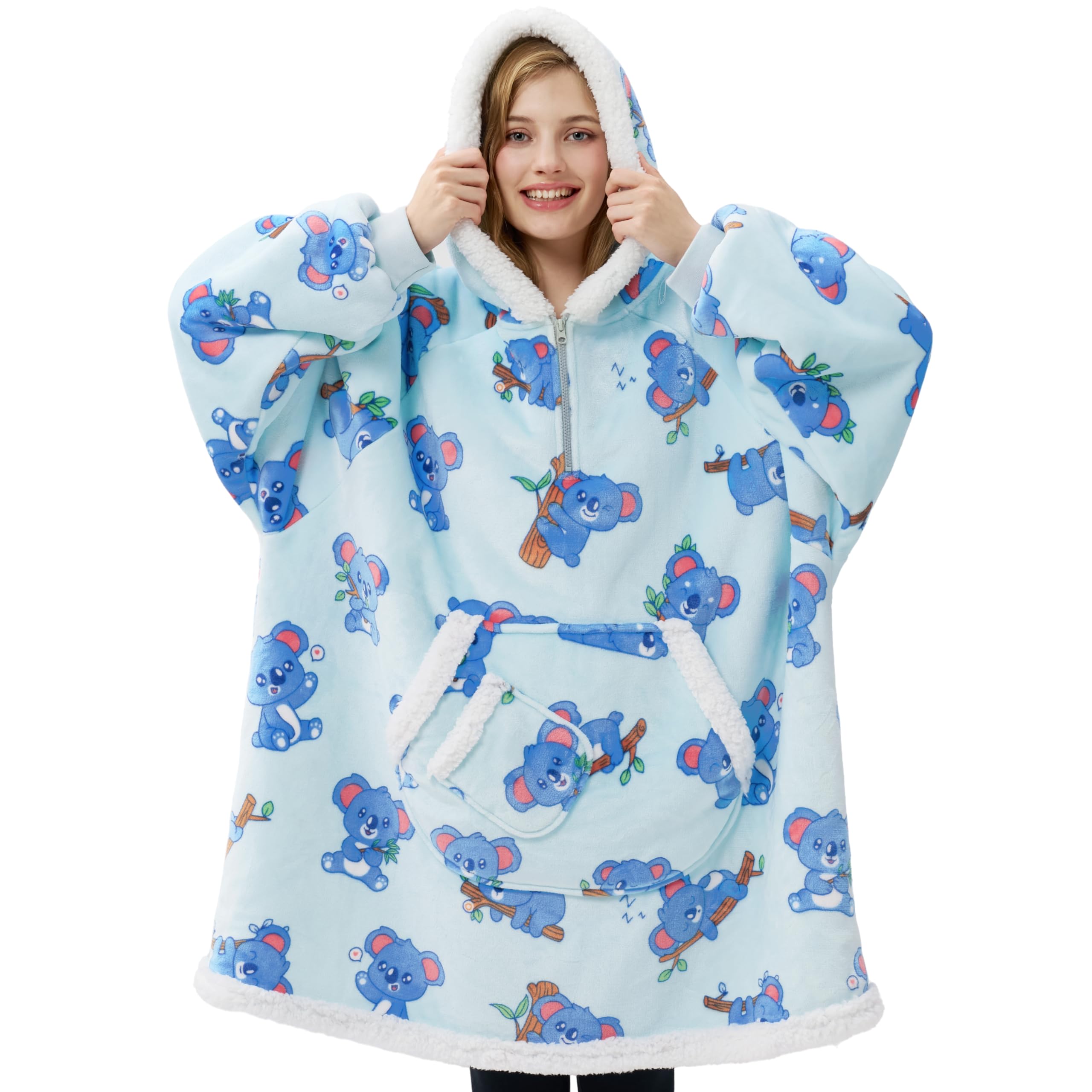 Giggling Getup Wearable Blanket Hoodie for Adults Gifts for Teen Girls Sister Women Sherpa Fleece Printed Hooded Blanket Sweatshirt Warm Cozy with Pocket & Sleeves Sky Blue Koala Image