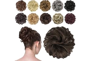 FESHFEN Messy Bun Hair Piece - Elastic Wavy Curly Hair Bun Scrunchies Extensions Synthetic Chignon Hairpieces for Women Girls, Dark Brown & Light Auburn Mixed 1.5 oz