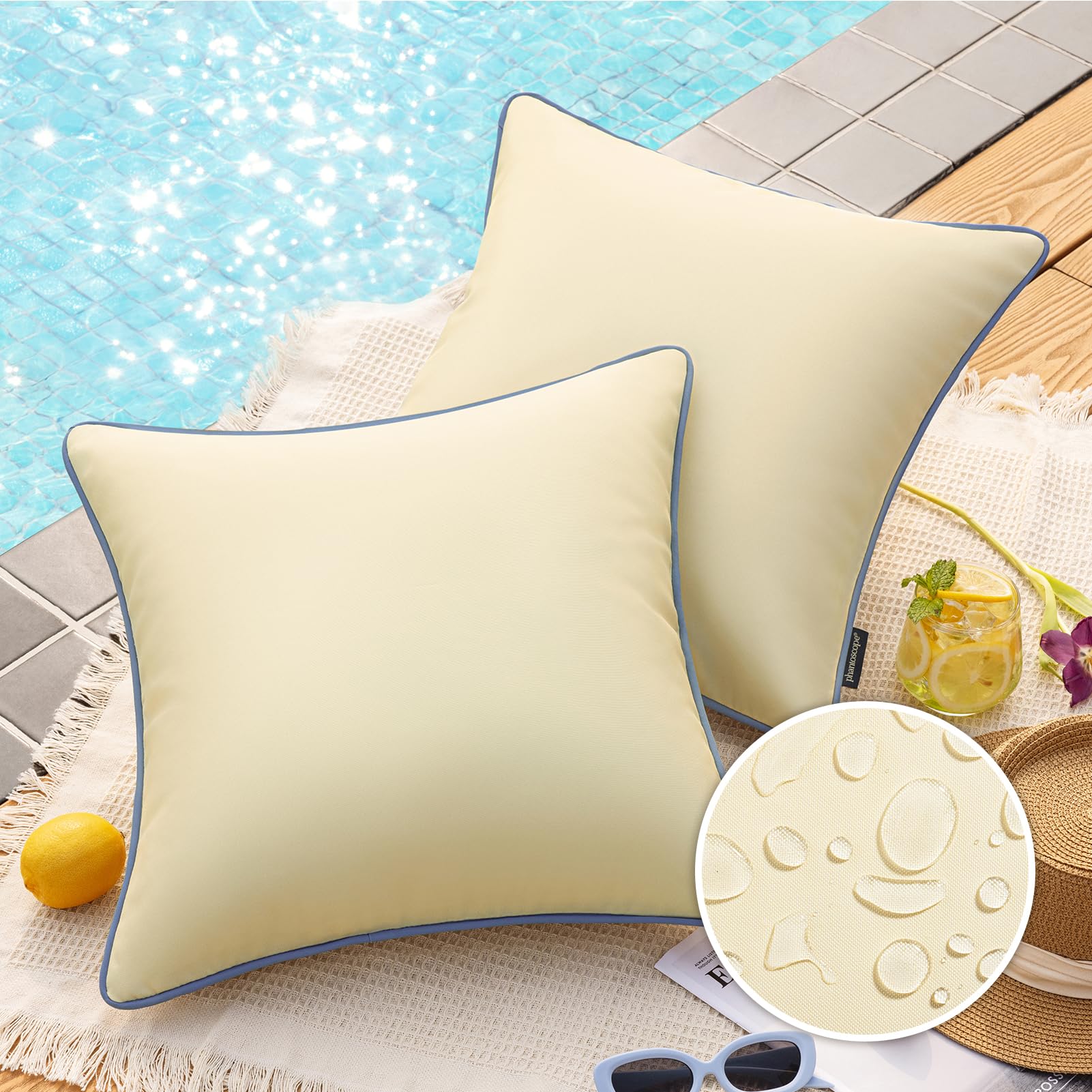 Photo 1 of Phantoscope Pack of 2 Outdoor Waterproof Throw Pillow Covers with Contrast Piping, Decorative Square Cushion Case Patio Pillows for Couch Tent Sunbrella, Light Beige 20x20 inches