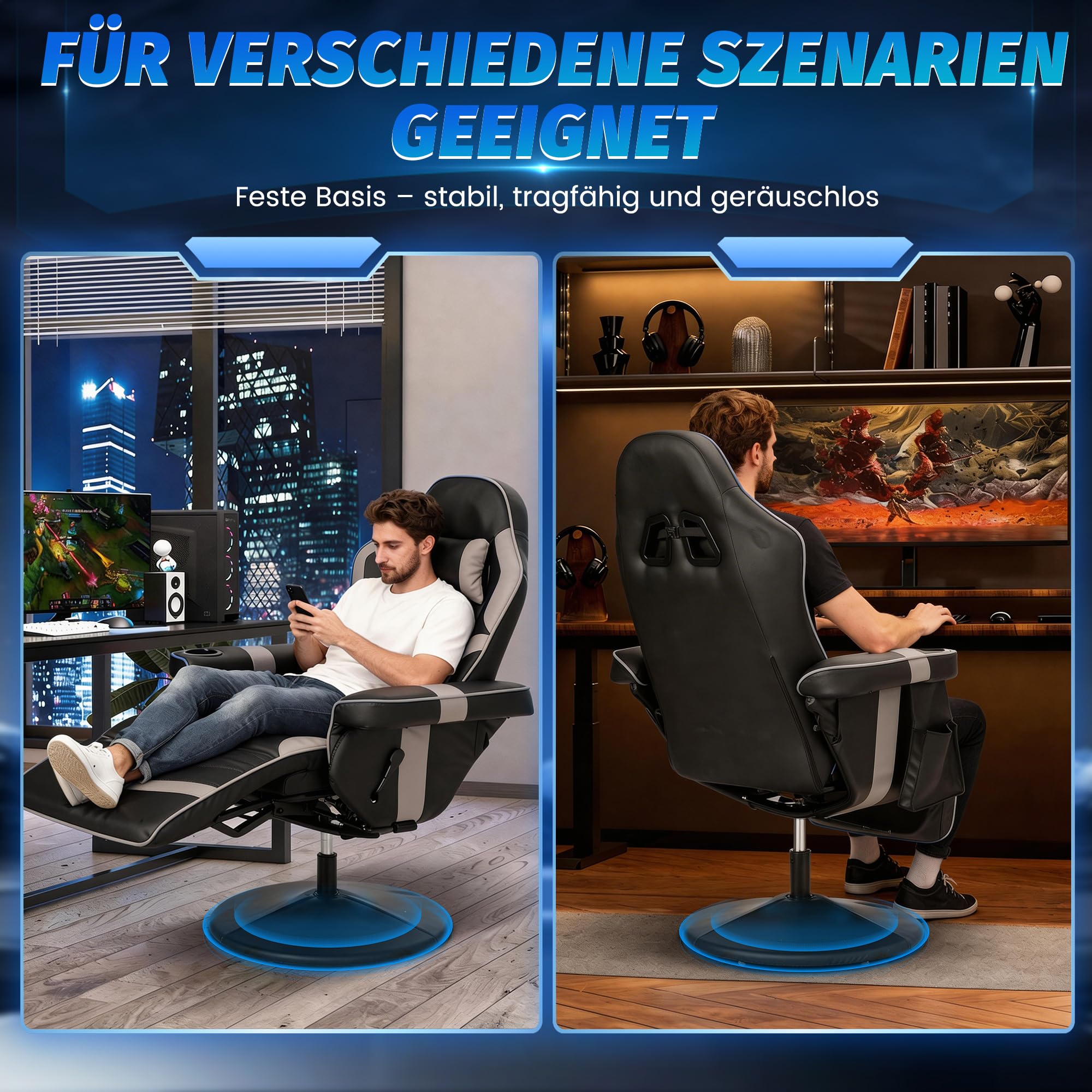 PALLOME Gaming Stuhl mit Massagefunktion, Höhenverstellbarer Gaming Chair mit Ausziehbarer Fußstütze & Getränkehalter, Ergonomischer Bürostuhl mit Kopfstütze, Drehbarer Racing Gamer Chair (Grau) 9