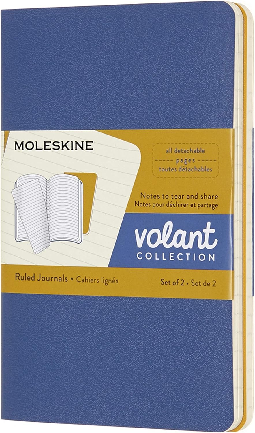Moleskine Volant Journal, Set of 2 Notebooks With Detachable Ruled Pages, Soft Cover, Blue and Amber, Pocket Format 9 x 14 cm