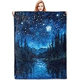 VANZEV Starry Night Forest Flannel Blanket, Starry Night Gifts, Nature-Themed Blanket for Women, Soft Lightweight Throw Blankets for Bed Home Travel Decor 50" x 60"
