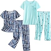 PNAEONG 2 Pack Women's Cotton Pajama Sets Short Sleeve Sleepwear Tops with Capri Pants Summer Loungewear Pj Sets S-3XL