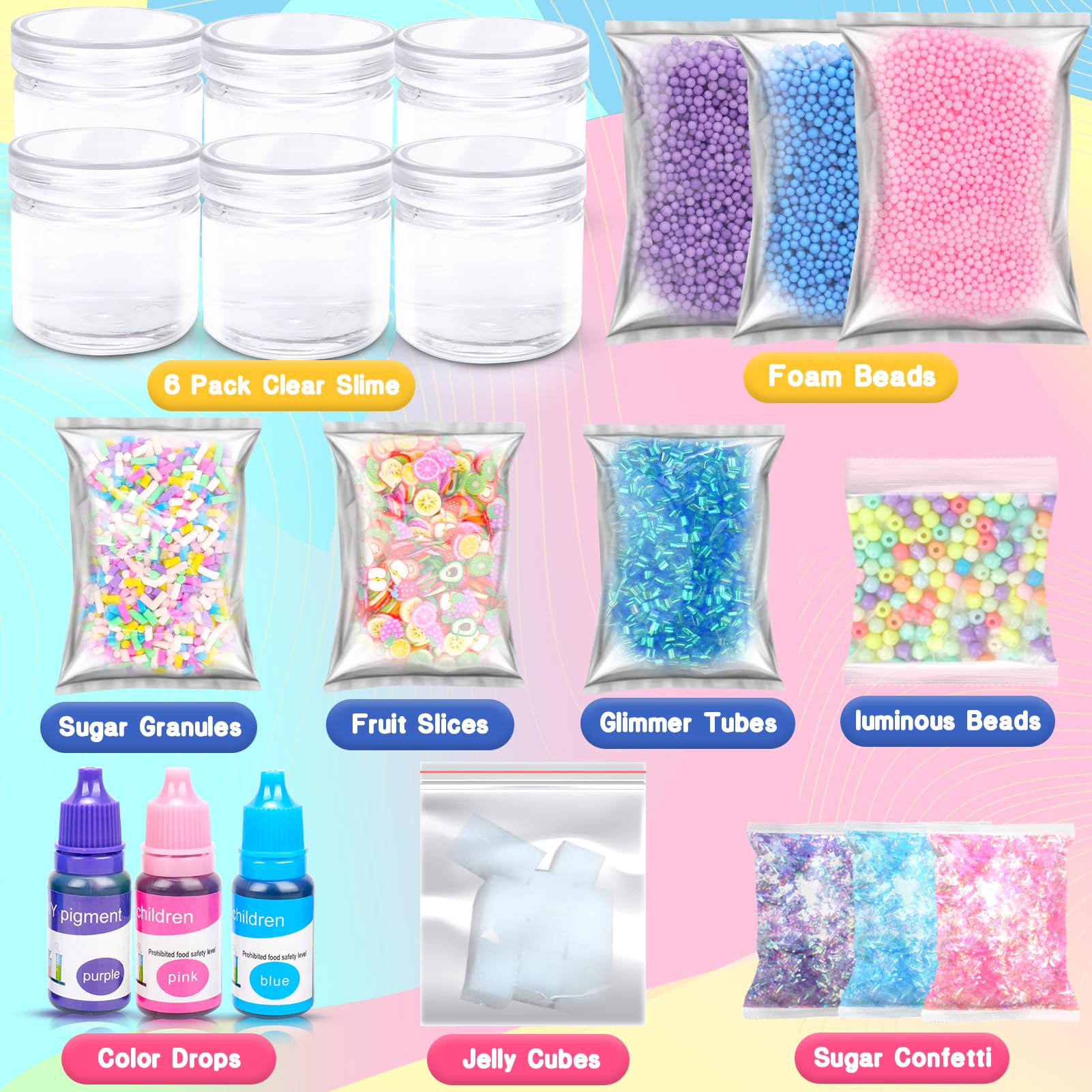 KLT Clear Slime Kit Toys for Girls: 20 FL OZ Slime Making Kits,6 Pack Premade Crystal Slime with Add-ins: Jelly Cubes,Foam Beads,Luminous Beads,Fruit Slices,Glimmer Tubes,Birthday Gifts for Kids