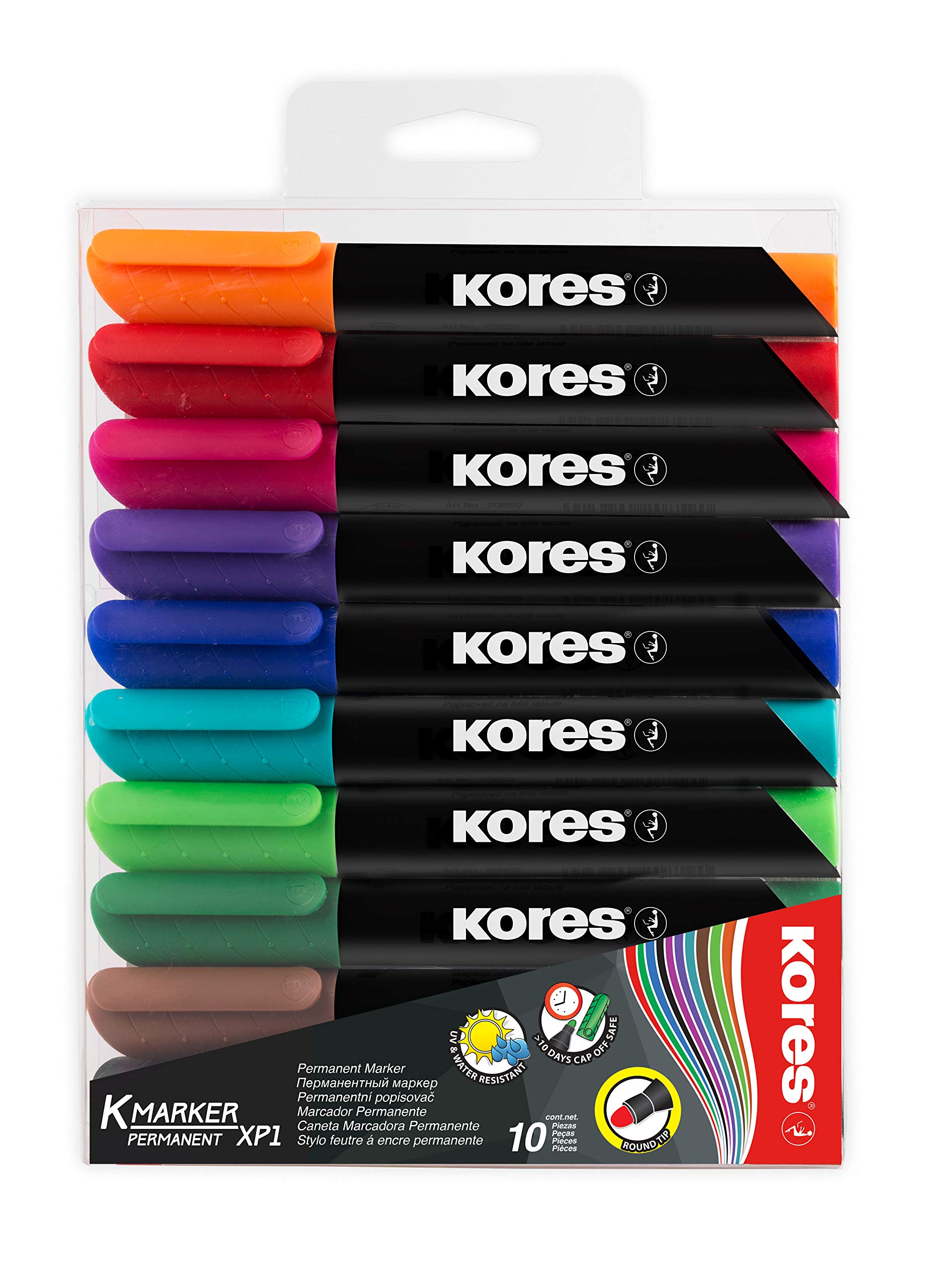Kores - Coloured Permanent Marker Pens - K-Marker XP1, Round Tip with Low-Odour Ink - Waterproof Marker Pens for All Surfaces - Back to School Supplies, Office Supplies - Pack of 10