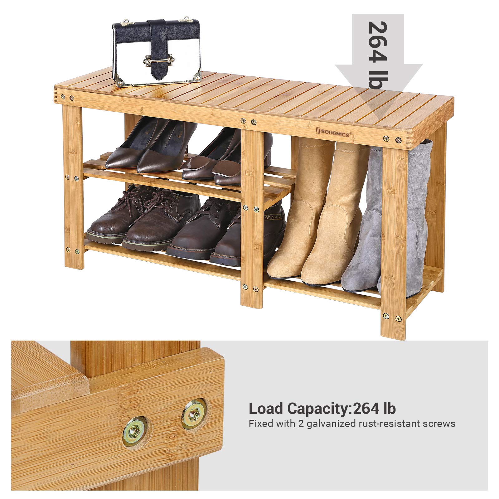 SONGMICS 100 Bamboo Shoe Rack Bench,3tier Entryway Storage Organizer