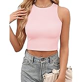 AURUZA Womens Double Lined Crop Tops, High Neck Cropped Tank Top Sleeveless Racerback Workout Tops Basic Cute Summer Shirt(Pink, S)